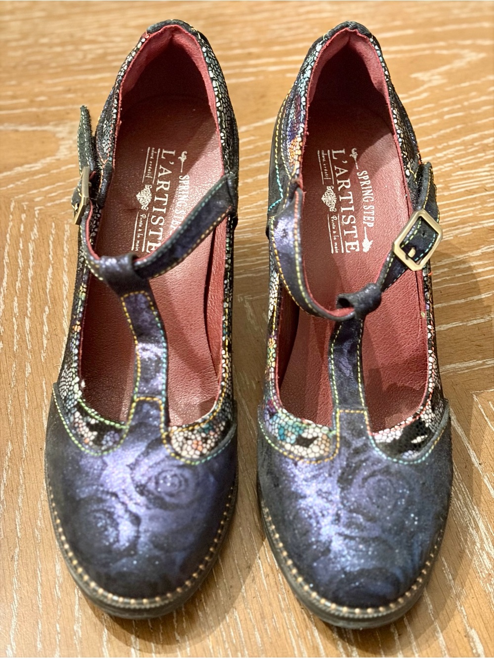 L'ATISTE SPRING STEP women’s Floral Mary Jane Heel-Multi Color Leather Pumps 7.5